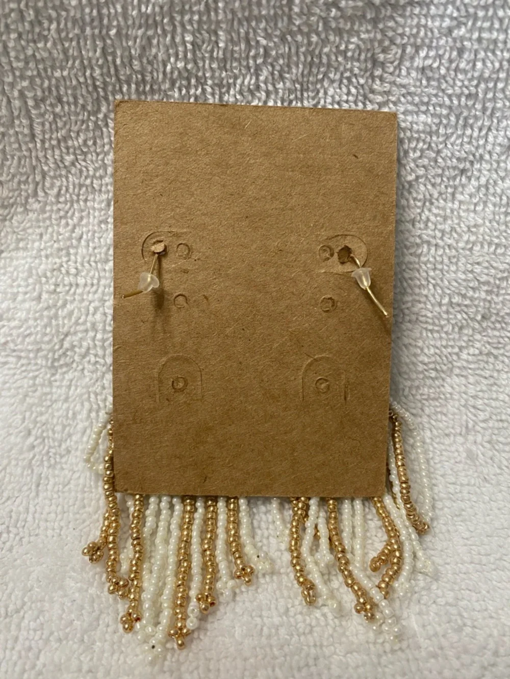 Plunder Beaded Fringe Drop Earrings - White & Gold Tone - Picture 2 of 2